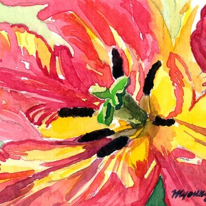 May include: A watercolor painting of a red and yellow tulip flower. The flower is in full bloom and the petals are open wide. The artist's signature is visible in the bottom right corner.