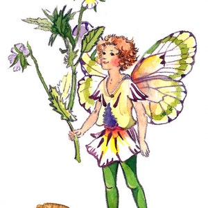 May include: A watercolor painting of a fairy with yellow and green wings holding a bouquet of purple and yellow pansies. The fairy is wearing a yellow dress with a purple and orange flower design and green leggings. The painting is signed "Myounghwa".