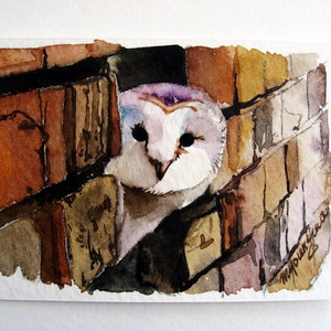 May include: A watercolor painting of a barn owl peeking out from behind a brick wall. The owl has white feathers with brown markings around its eyes. The brick wall is painted in shades of brown, orange, and gray.