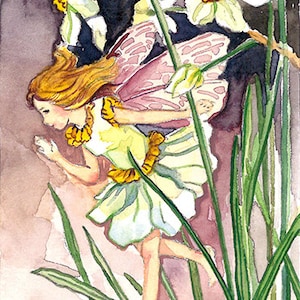 May include: A watercolor painting of a fairy with pink wings and a yellow dress, flying through a field of white daffodils.