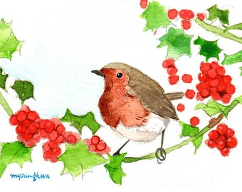 ACEO Limited Edition 1/50- Robin in berries, Art print of an ORIGINAL ACEO watercolor painting, Gift for bird lovers