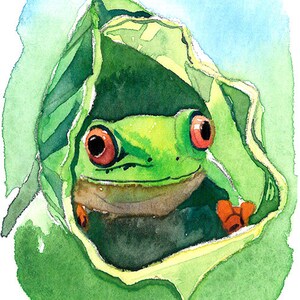 ACEO Limited Edition 1/50- A frog in the lotus leaf, Animal art print of an original watercolor painting, Cute painting for animal lovers
