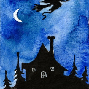 Aquarelle ACEO ORIGINAL, sorcière volant la nuit, art de collection, peinture d'Halloween inspirée de l'art vintage, décoration d'Halloween, nuit effrayante