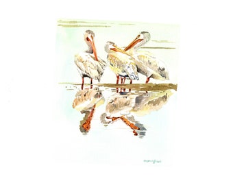 Original watercolor painting, Pelican reflection, 5x7 inches, Gift for bird lovers, Bird art by Anna Lee, Gift for her
