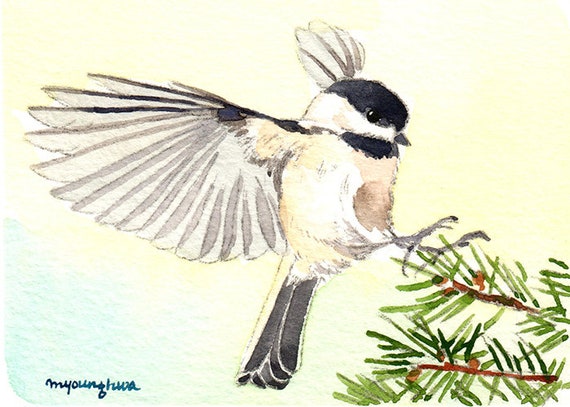 Small gift idea Art print 2.5/"x3.5/" Chickadee in snow forest Bird art