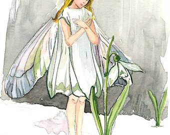 Limited ART PRINT "Snowdrop Fairy’s Whisper" Flower fairy inspired by CM Barker, Collectible Print in Various Size, Perfect for Art Lovers