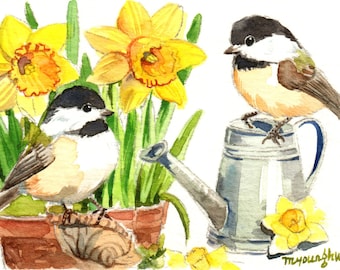 ACEO Limited Edition 1/50- Spring guests, Chickadees in daffodil, Gift for bird lovers, Miniature painting, Home decor idea