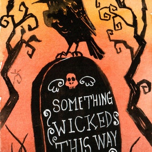Aquarelle ACEO ORIGINAL, quelque chose de méchant, art de collection, peinture d'Halloween inspirée de l'art vintage, décoration d'Halloween, nuit effrayante