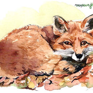 ACEO Limited Edition 2/25 - renard dans les feuilles d’automne, renard rouge, carte d’Art d’une idée originale de cadeau aquarelle, ACEO pour les amoureux des animaux