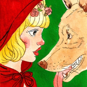 ACEO ORIGINAL, Une fille au petit chaperon rouge rencontre un loup, Art miniature inspiré du petit chaperon rouge, Décoration de chambre d'enfant, Art de collection