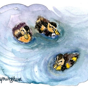 May include: Watercolor painting of three ducks swimming in a blue pond. The ducks are brown and yellow with black eyes. The pond is painted with a light blue and gray wash.