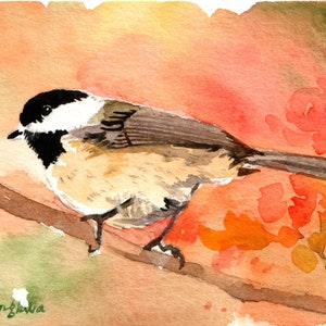 May include: Watercolor painting of a chickadee perched on a branch. The bird has a black cap, white cheeks, and a tan body. The background features warm tones of orange, red, and green, suggesting an autumn scene. The artist's signature is visible.