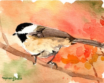 ACEO Limited Edition 1/50- Chickadee in autumn palette, Gift for bird lovers, Miniature painting, Home decor idea