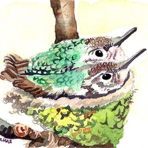 May include: Watercolor painting of two baby birds in a nest on a tree branch. The birds have open beaks and are covered in green and brown feathers. The nest is green and yellow, and the branch is brown.