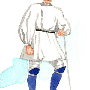 Pode incluir: Ilustração em aquarela de uma pessoa em túnica branca, chapéu preto e botas azuis, apoiada em uma bengala. A figura tem bigode e usa cinto preto. A obra de arte tem uma estética vintage, pintada à mão.