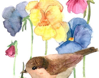 ACEO Limited Edition 12/25- The Wren Loves Pansies, Bird art print, Gift idea for bird lovers, Little but certain happiness