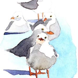 May include: Watercolor painting of several seagulls in shades of gray, white, and orange. The birds are depicted in a loose, artistic style, with visible brushstrokes and a soft color palette. The artist's signature, "Myounghwa", is in blue in the upper left corner.