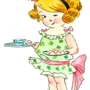 ACEO Édition limitée 1/50, Un régal, illustration vintage, Enfants malicieux, Portrait de fille, Art de collection, Illustration de jolie fille