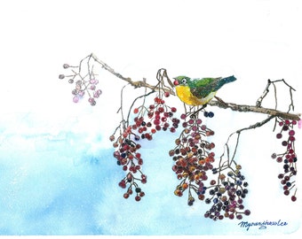 Japanese Cherry and a White-eye, 5x7, 8x10, 9x12, 11x14 Art print of an original gouache painting by Anna Lee, Bird in snow