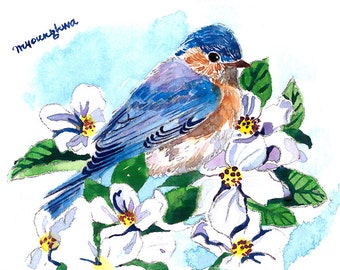 ACEO Limited Edition 1/50- Apple bloesems in het achterland, Bluebird Art Print van een origineel aquarel schilderij, Cadeau idee voor vogelliefhebbers