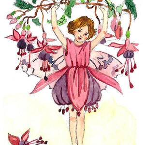 May include: Watercolor illustration of a fairy holding a branch with fuchsia flowers. The fairy wears a pink dress with a petal-like skirt and matching wings. The artwork has a whimsical, storybook style.