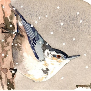 ACEO Limited Edition 3/25- In inverno nevoso gelido, Picchio muratore in neve, regalo di Natale per gli amanti degli uccelli