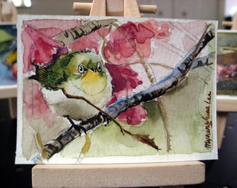 ACEO Limited Edition 3/10- Spring White Eye Birds of South Korea, Art print of watercolor painting by Anna Lee