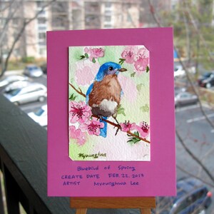 ACEO Limited Edition 10/25 Bluebird of spring,Bird art print of an ACEO original watercolor painting by Anna Lee, Gift idea for bird lovers image 3