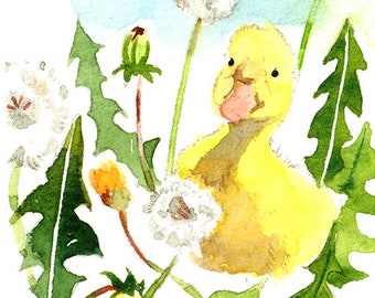 ACEO Limited Edition 4/25- Duckling in the dandelions, Bird art print of an original watercolor ACEO painting, Gift idea for bird lovers