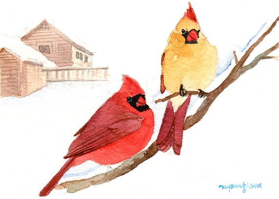 2.5x3.5 Cardinals in snow covered pine tree Limited edition 7/25 Bird lovers Gift for nature lovers Art print