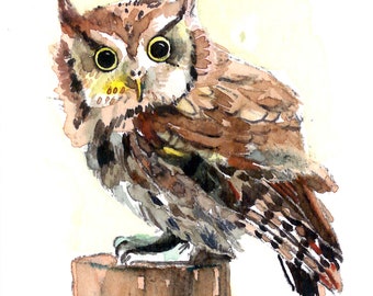 ACEO (2.5 x 3.5 inches) Limited Edition 1/50- Little owl, Bird art print of original ACEO watercolor, Gift idea for bird lovers, Home décor