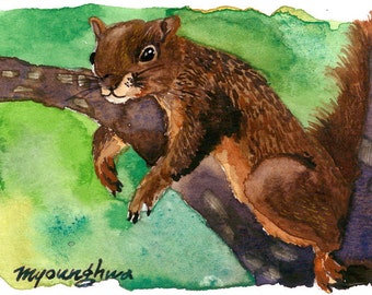 ACEO Limited Edition - Lazy Day, Squirrel art print, Gift for nature lovers, Miniature painting, Art print of animal watercolor painting