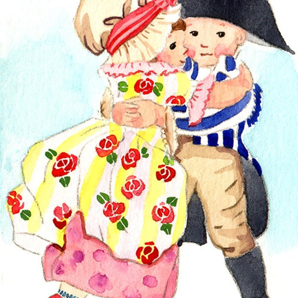 ACEO ORIGINAL in watercolor, Washington waltz, Vintage illustration, Cute boy watercolor, Vintage postcard, Collectible art