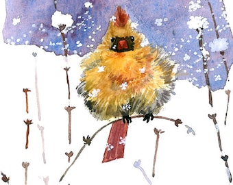 ACEO Limited Edition 7/25- Sittin' in snow flurry, Cardinal in winter, Gift for bird lovers, Art print of an original ACEO watercolor