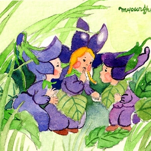 Edición limitada de ACEO 1/50: Niñas con flores violetas inspiradas en Ida Bohatta, tarjeta artística de una pintura de acuarela original, decoración de guardería