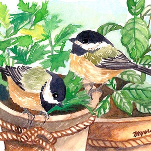 May include: Watercolor painting of two small birds with black and white heads and tan bodies, perched in terracotta pots with green foliage. The pots are decorated with rope trim, and the background is a soft blue.