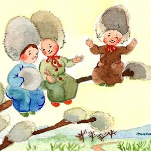 ACEO Limited Edition 6/25-Pussywillow Jungen Angenehmes Chat inspiriert von Ida Bohatta, Kunstkarte eines original Aquarells, Kinderzimmer Deko