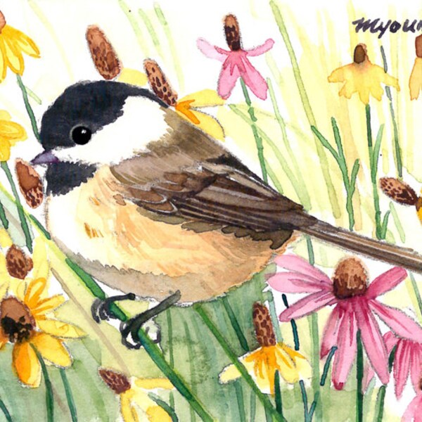 ACEO Edición Limitada 25/25 Última edición- Chickadee en flores silvestres, en acuarela