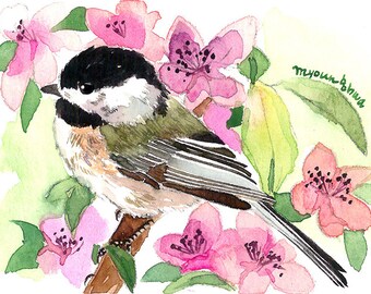 ACEO Limited Edition 7/25-Bird in spring flowers, Chickadee bird art print of an original ACEO watercolor by Anna, Gift idea for bird lovers