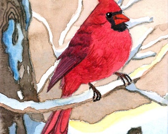 ACEO Limited Edition 5/25- Snowy morning, Cardinal, Gift for bird lovers, Art print of an original ACEO watercolor, Home deco idea