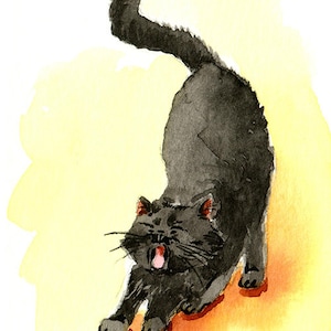 May include: Watercolor painting of a black cat yawning and stretching. The cat is depicted with its mouth wide open, showing its pink tongue. The background is a blend of yellow and orange hues. The artist's signature is in the bottom right corner.