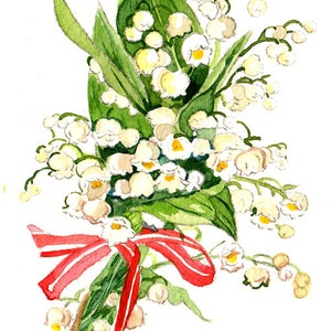 May include: Watercolor painting of a bouquet of lily of the valley flowers. The flowers are white with yellow centers, and the leaves are green. A red ribbon is tied around the stems. The artist's signature is in the bottom right corner.