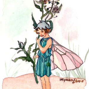 May include: Watercolor illustration of a fairy in a teal dress with pink and white wings, holding a plant with purple flowers. The fairy has a blue cap and striped sandals. The artist's signature, "myoungkhwa," is in the lower right corner.