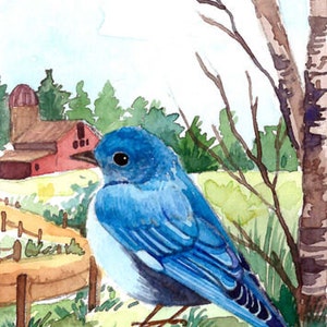 May include: Watercolor painting of a bluebird perched on a grassy area, with a rural landscape in the background. The bird has bright blue feathers and a white belly. A red barn and a fence are visible in the distance. The artist's signature is in the lower right corner.