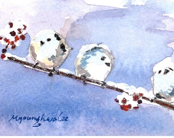 ACEO Limited Edition 1/50- Babies in snow, Baby bird, Art print of an original watercolor, Home deco idea