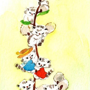 May include: A watercolor painting of white kittens climbing a branch of a pussy willow tree with fluffy white buds. The kittens are all smiling and have different colored clothes. The background is a light yellow.