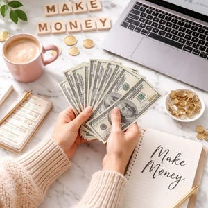 Pu&ograve; includere: Un ventaglio di banconote da cento dollari tenute in mano, un computer portatile con un grafico finanziario, un taccuino con la scritta Make Money, tessere di legno con la scritta MAKE MONEY, una tazza rosa e monete d'oro su marmo.