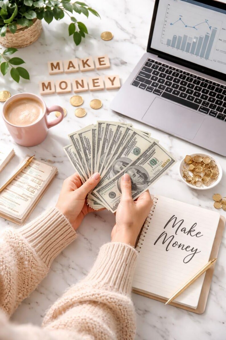 Pu&ograve; includere: Un ventaglio di banconote da cento dollari tenute in mano, un computer portatile con un grafico finanziario, un taccuino con la scritta Make Money, tessere di legno con la scritta MAKE MONEY, una tazza rosa e monete d'oro su marmo.