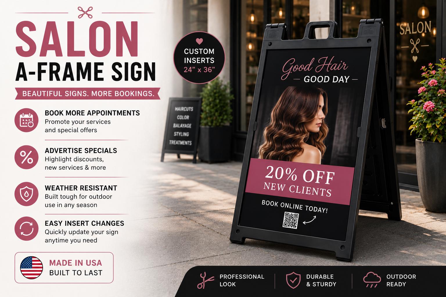 Custom A-Frame Signicade for Salon Advertising | 24x36 Inch Inserts