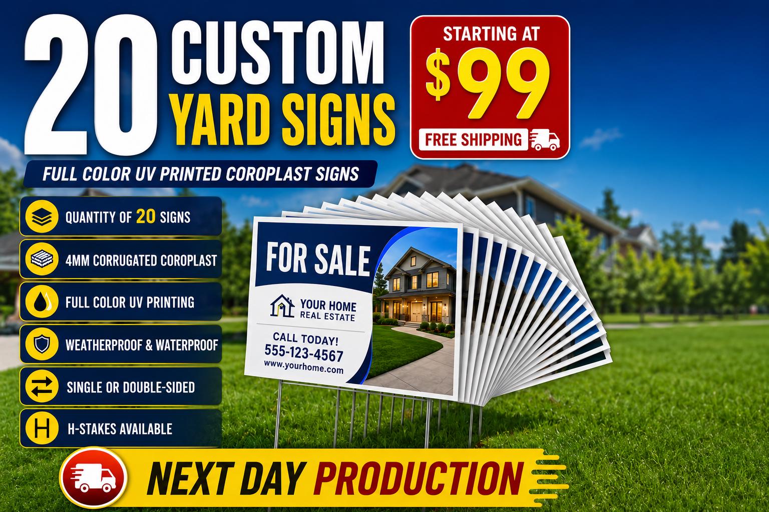 20 Custom Coroplast Yard Signs | Full Color UV Printed, Weatherproof